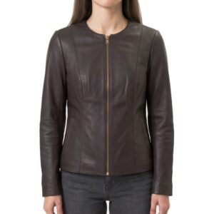 Onyx Women's Brown Collarless Leather Jacket