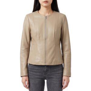 Onyx Women's Beige Collarless Leather Jacket