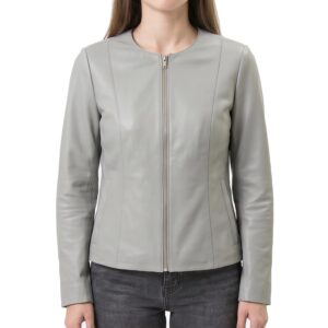 Onyx Women's Grey Collarless Leather Jacket