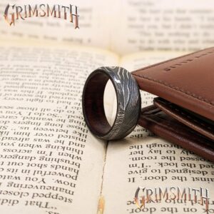 Damascus Steel Ring with Mahogany Wood Liner